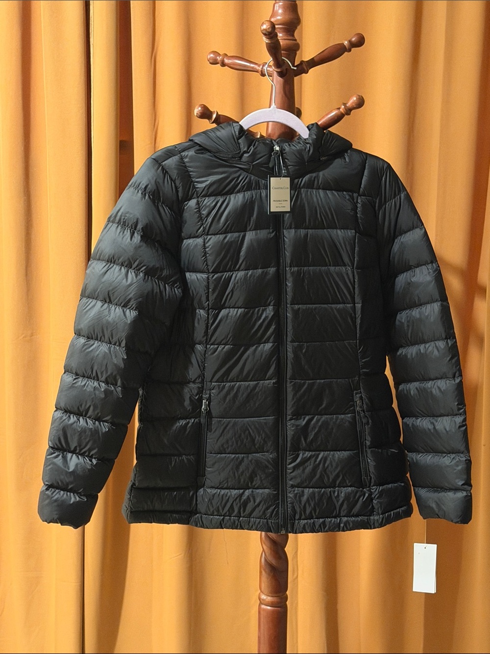 Charter Club Black Hooded Quilted Lightweight Puffer Jacket